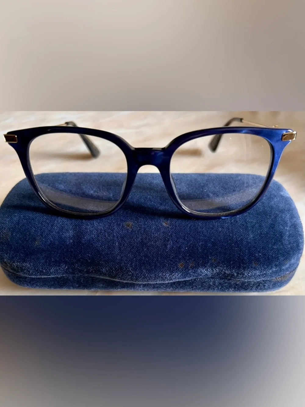 Gucci GG0110O 005 Women Blue Gold Rectangle Eyeglasses w/Case Authentic
